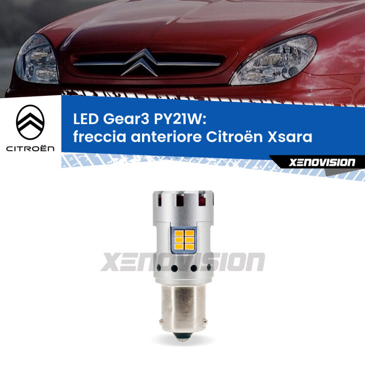 <strong>Freccia Anteriore LED no-spie per Citroën Xsara</strong>  1997 - 2005. Lampada <strong>PY21W</strong> modello Gear3 no Hyperflash, raffreddata a ventola.