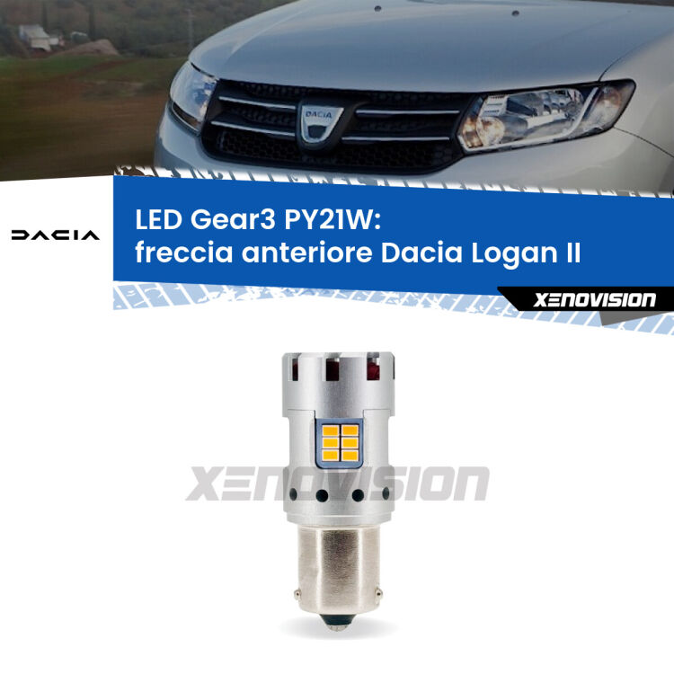 <strong>Freccia Anteriore LED no-spie per Dacia Logan</strong> II 2012 in poi. Lampada <strong>PY21W</strong> modello Gear3 no Hyperflash, raffreddata a ventola.