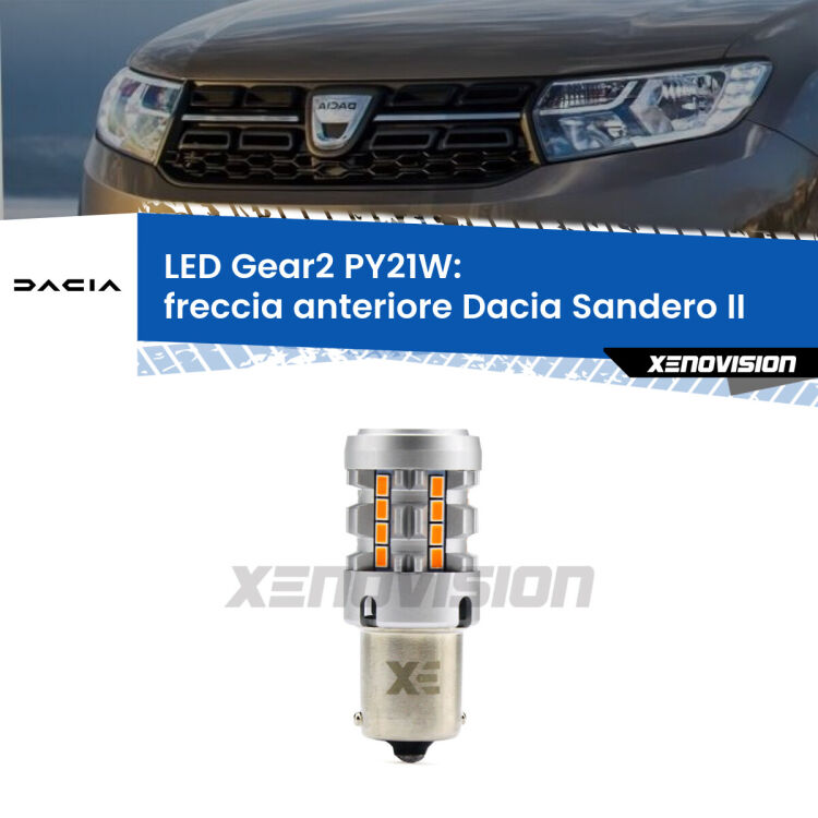 <strong>Freccia Anteriore LED no-spie per Dacia Sandero II</strong>  2012 in poi. Lampada <strong>PY21W</strong> modello Gear2 no Hyperflash.