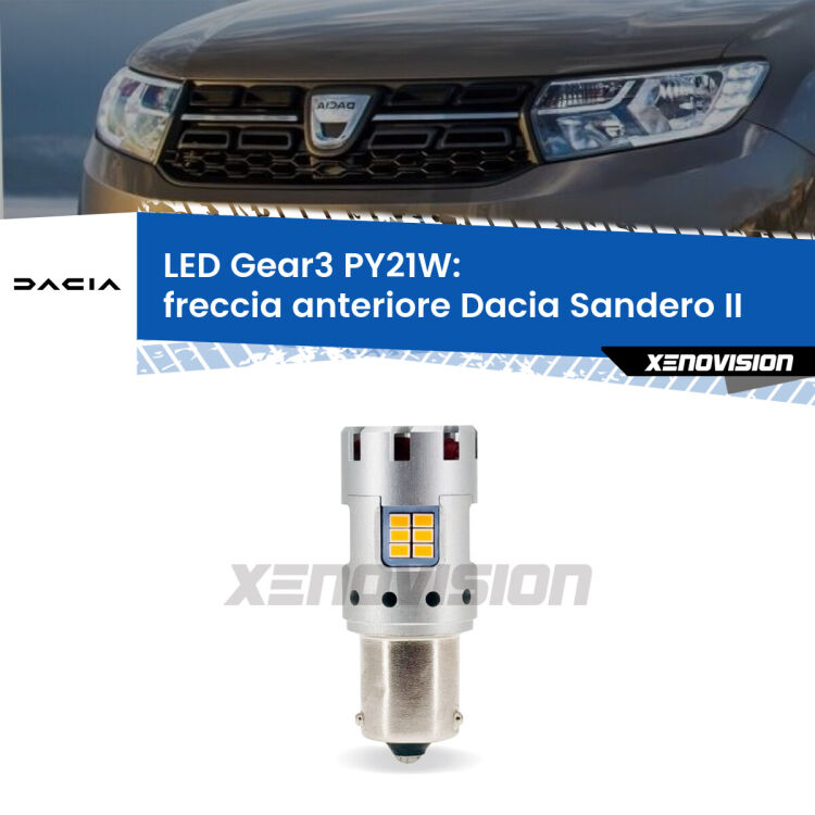 <strong>Freccia Anteriore LED no-spie per Dacia Sandero II</strong>  2012 in poi. Lampada <strong>PY21W</strong> modello Gear3 no Hyperflash, raffreddata a ventola.