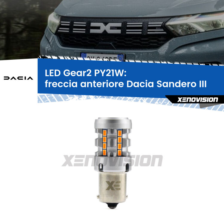 <strong>Freccia Anteriore LED no-spie per Dacia Sandero III</strong>  2020 in poi. Lampada <strong>PY21W</strong> modello Gear2 no Hyperflash.