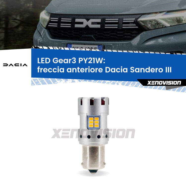 <strong>Freccia Anteriore LED no-spie per Dacia Sandero III</strong>  2020 in poi. Lampada <strong>PY21W</strong> modello Gear3 no Hyperflash, raffreddata a ventola.