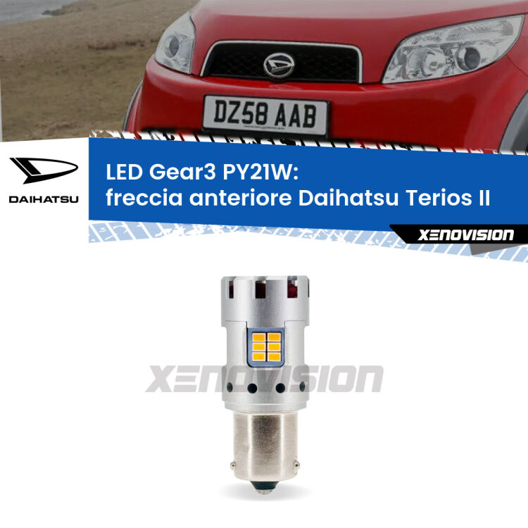 <strong>Freccia Anteriore LED no-spie per Daihatsu Terios</strong> II faro bianco. Lampada <strong>PY21W</strong> modello Gear3 no Hyperflash, raffreddata a ventola.