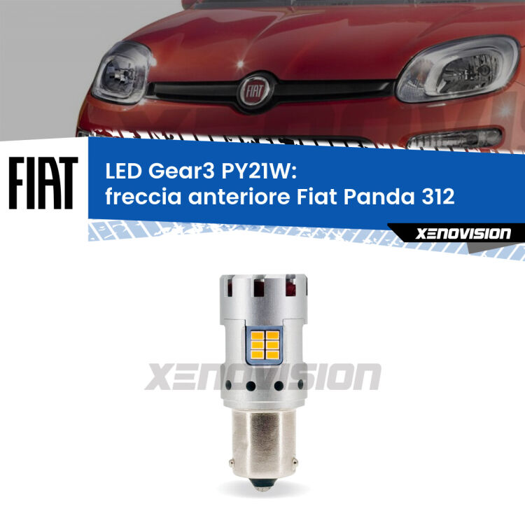 <strong>Freccia Anteriore LED no-spie per Fiat Panda</strong> 312 2012 in poi. Lampada <strong>PY21W</strong> modello Gear3 no Hyperflash, raffreddata a ventola.