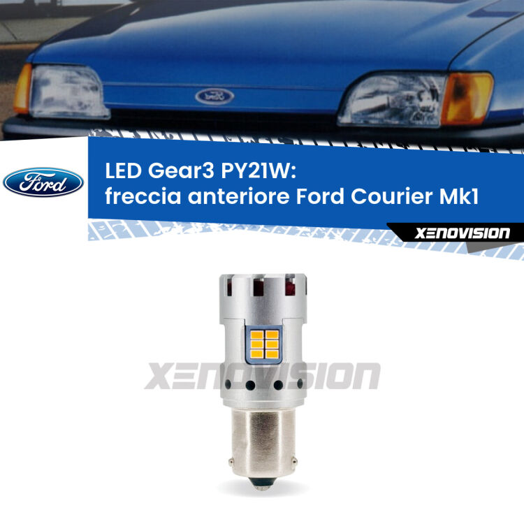 <strong>Freccia Anteriore LED no-spie per Ford Courier</strong> Mk1 faro bianco. Lampada <strong>PY21W</strong> modello Gear3 no Hyperflash, raffreddata a ventola.