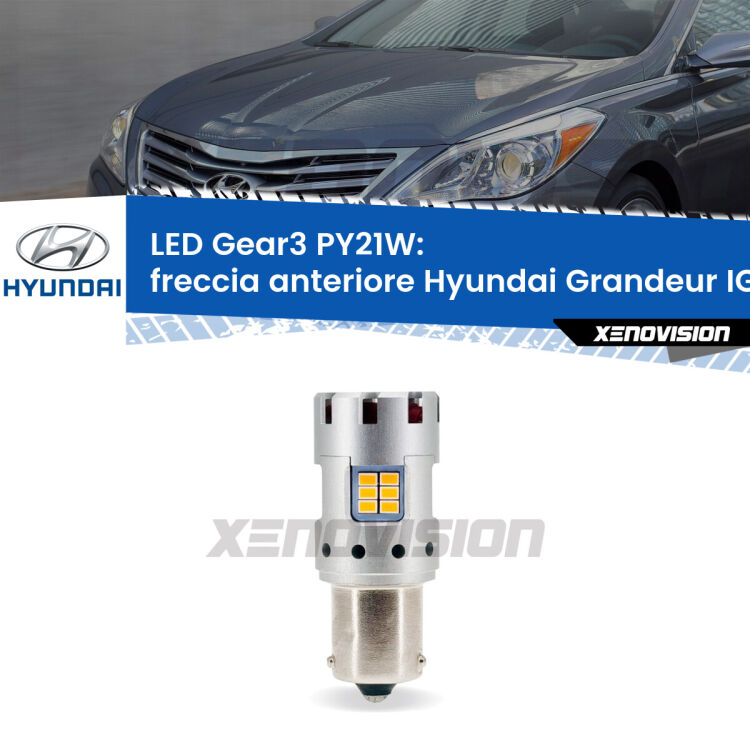 <strong>Freccia Anteriore LED no-spie per Hyundai Grandeur</strong> IG 2016 in poi. Lampada <strong>PY21W</strong> modello Gear3 no Hyperflash, raffreddata a ventola.