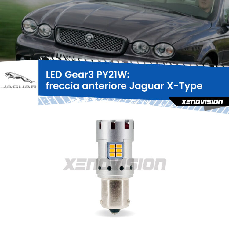 <strong>Freccia Anteriore LED no-spie per Jaguar X-Type</strong>  2001 - 2009. Lampada <strong>PY21W</strong> modello Gear3 no Hyperflash, raffreddata a ventola.