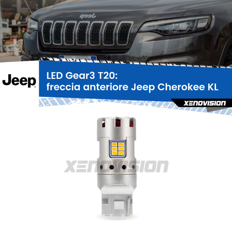 <strong>Freccia Anteriore LED no-spie per Jeep Cherokee</strong> KL 2014 in poi. Lampada <strong>T20</strong> modello Gear3 no Hyperflash, raffreddata a ventola.