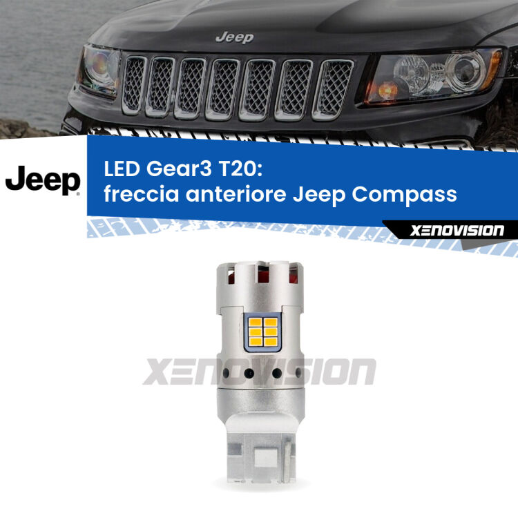 <strong>Freccia Anteriore LED no-spie per Jeep Compass</strong>  2011 - 2016. Lampada <strong>T20</strong> modello Gear3 no Hyperflash, raffreddata a ventola.