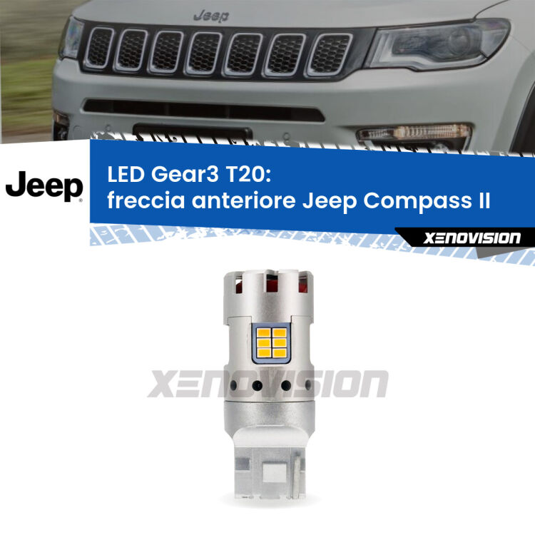 <strong>Freccia Anteriore LED no-spie per Jeep Compass</strong> II 2017 in poi. Lampada <strong>T20</strong> modello Gear3 no Hyperflash, raffreddata a ventola.