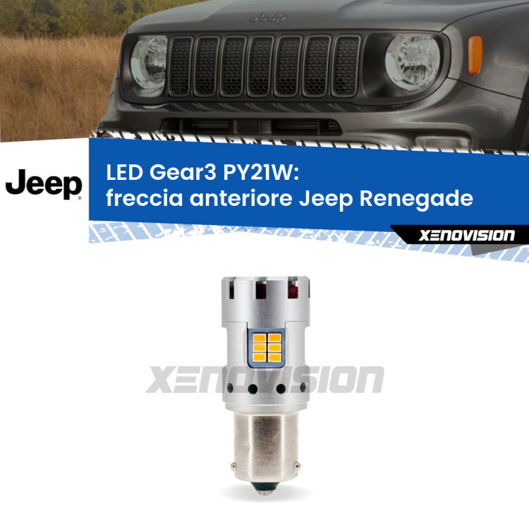 <strong>Freccia Anteriore LED no-spie per Jeep Renegade</strong>  2014 in poi. Lampada <strong>PY21W</strong> modello Gear3 no Hyperflash, raffreddata a ventola.