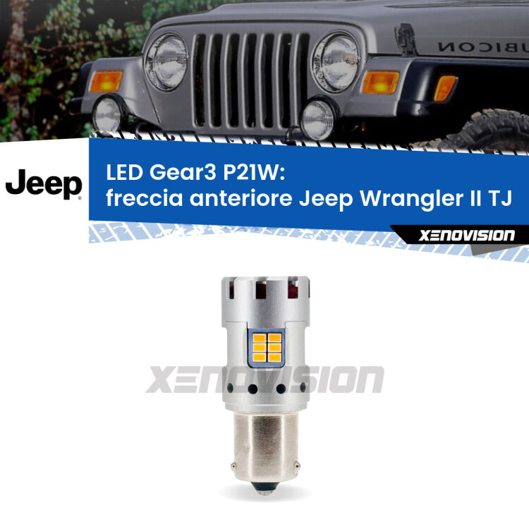 <strong>Freccia Anteriore LED no-spie per Jeep Wrangler II</strong> TJ 1996 - 2005. Lampada <strong>P21W</strong> modello Gear3 no Hyperflash, raffreddata a ventola.