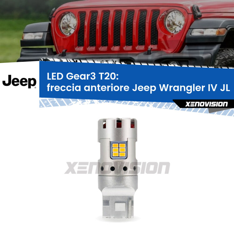 <strong>Freccia Anteriore LED no-spie per Jeep Wrangler IV</strong> JL 2017 in poi. Lampada <strong>T20</strong> modello Gear3 no Hyperflash, raffreddata a ventola.