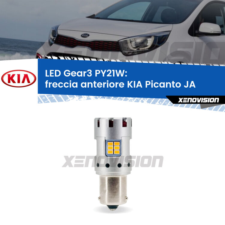 <strong>Freccia Anteriore LED no-spie per KIA Picanto</strong> JA a parabola singola. Lampada <strong>PY21W</strong> modello Gear3 no Hyperflash, raffreddata a ventola.