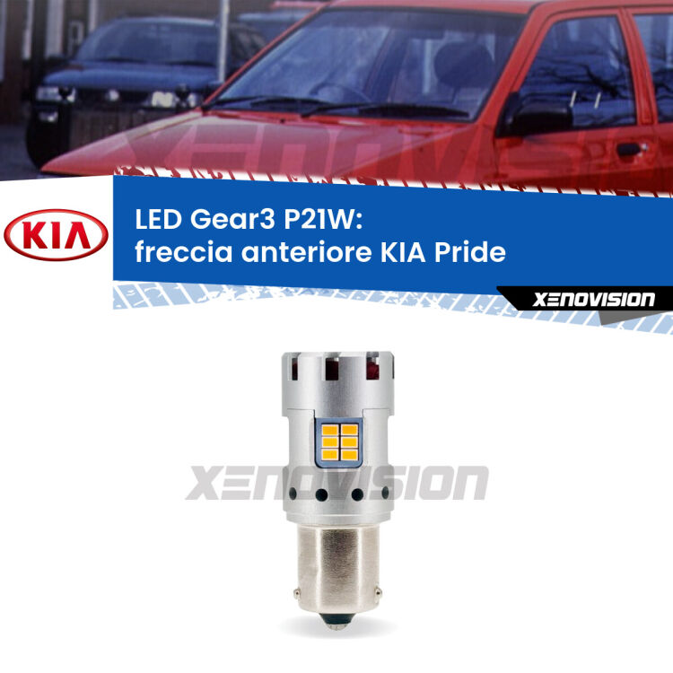 <strong>Freccia Anteriore LED no-spie per KIA Pride</strong>  1990 - 2001. Lampada <strong>P21W</strong> modello Gear3 no Hyperflash, raffreddata a ventola.