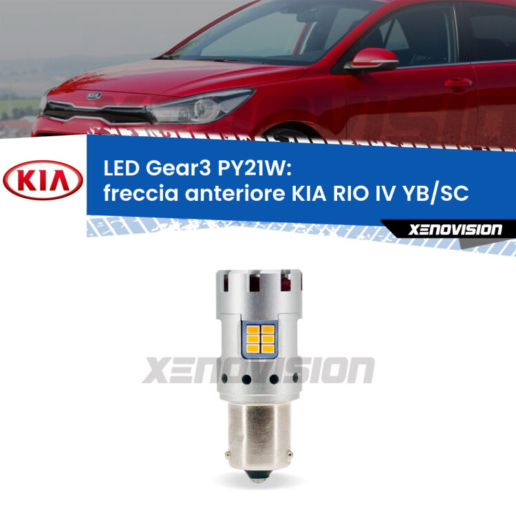 <strong>Freccia Anteriore LED no-spie per KIA RIO IV</strong> YB/SC 2016 in poi. Lampada <strong>PY21W</strong> modello Gear3 no Hyperflash, raffreddata a ventola.