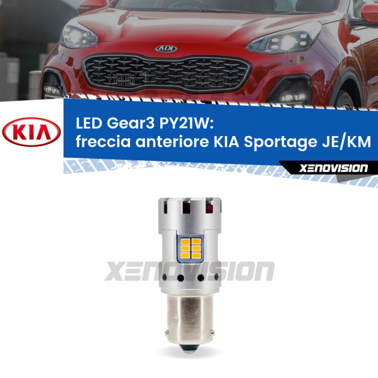 <strong>Freccia Anteriore LED no-spie per KIA Sportage</strong> JE/KM 2004 - 2009. Lampada <strong>PY21W</strong> modello Gear3 no Hyperflash, raffreddata a ventola.