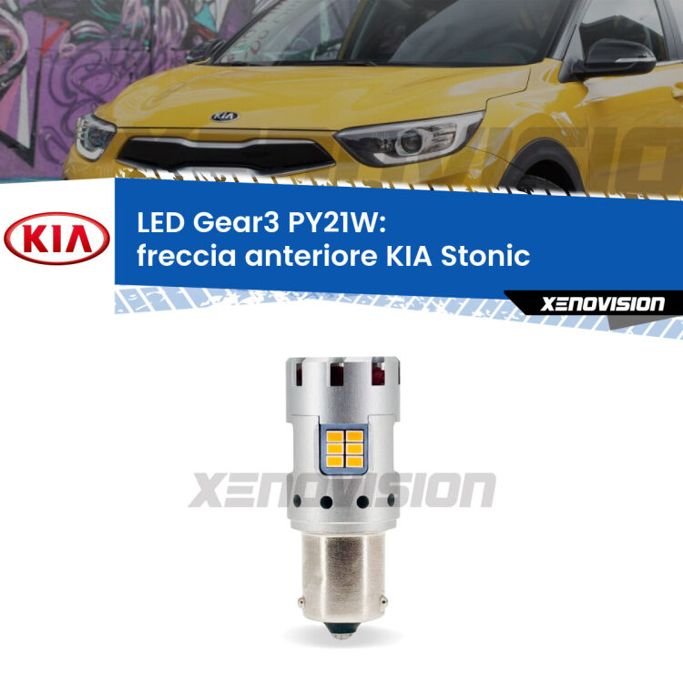 <strong>Freccia Anteriore LED no-spie per KIA Stonic</strong>  2017 in poi. Lampada <strong>PY21W</strong> modello Gear3 no Hyperflash, raffreddata a ventola.