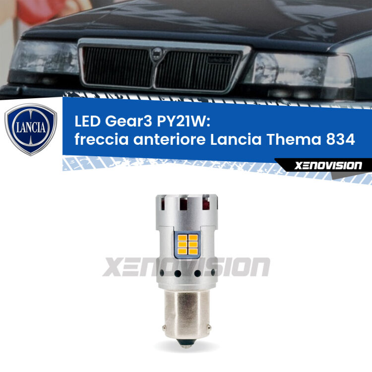 <strong>Freccia Anteriore LED no-spie per Lancia Thema</strong> 834 faro bianco. Lampada <strong>PY21W</strong> modello Gear3 no Hyperflash, raffreddata a ventola.