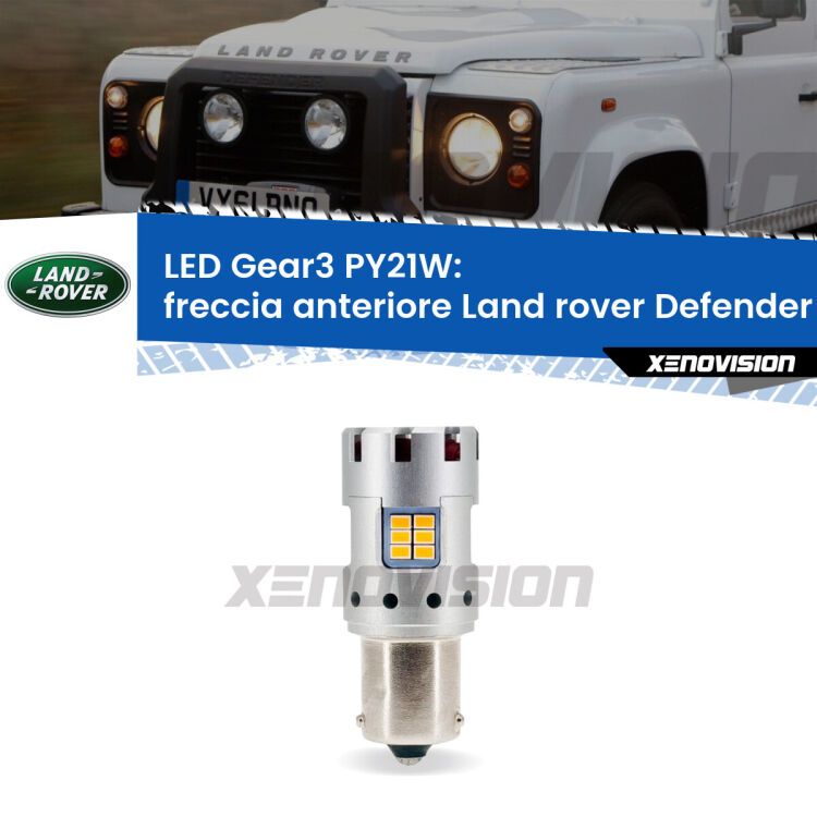 <strong>Freccia Anteriore LED no-spie per Land rover Defender</strong> L316 faro bianco. Lampada <strong>PY21W</strong> modello Gear3 no Hyperflash, raffreddata a ventola.