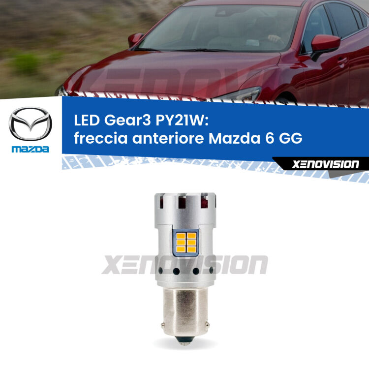 <strong>Freccia Anteriore LED no-spie per Mazda 6</strong> GG 2002 - 2007. Lampada <strong>PY21W</strong> modello Gear3 no Hyperflash, raffreddata a ventola.