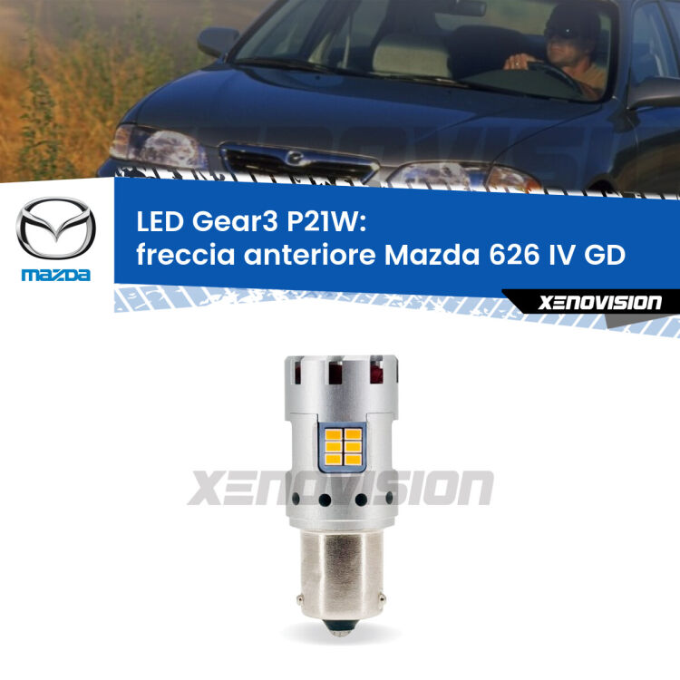 <strong>Freccia Anteriore LED no-spie per Mazda 626 IV</strong> GD 1987 - 1992. Lampada <strong>P21W</strong> modello Gear3 no Hyperflash, raffreddata a ventola.