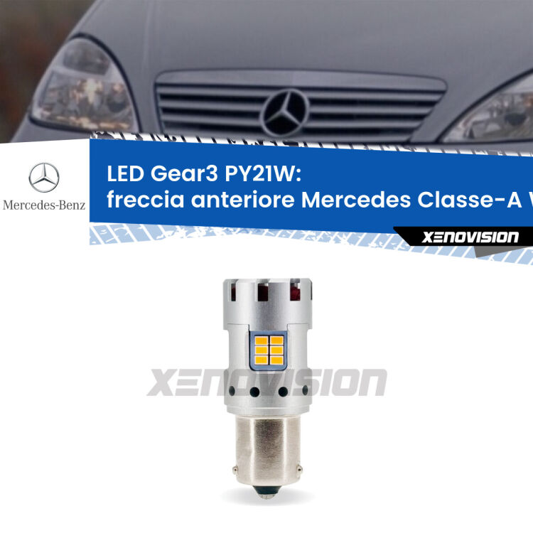 <strong>Freccia Anteriore LED no-spie per Mercedes Classe-A</strong> W168 1997 - 2004. Lampada <strong>PY21W</strong> modello Gear3 no Hyperflash, raffreddata a ventola.