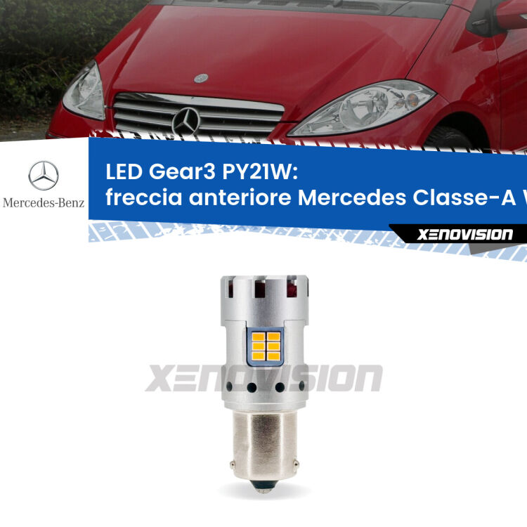 <strong>Freccia Anteriore LED no-spie per Mercedes Classe-A</strong> W169 2004 - 2012. Lampada <strong>PY21W</strong> modello Gear3 no Hyperflash, raffreddata a ventola.