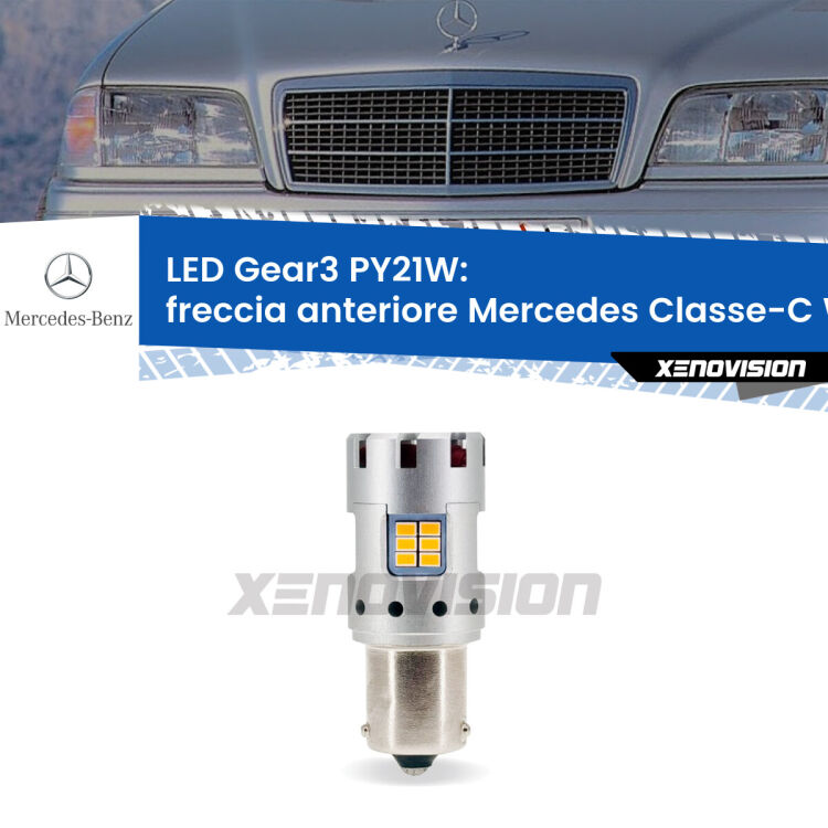 <strong>Freccia Anteriore LED no-spie per Mercedes Classe-C</strong> W202 faro bianco. Lampada <strong>PY21W</strong> modello Gear3 no Hyperflash, raffreddata a ventola.