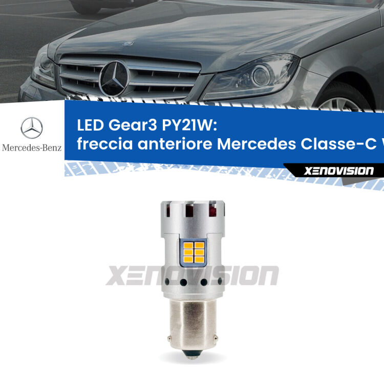 <strong>Freccia Anteriore LED no-spie per Mercedes Classe-C</strong> W204 2007 - 2010. Lampada <strong>PY21W</strong> modello Gear3 no Hyperflash, raffreddata a ventola.