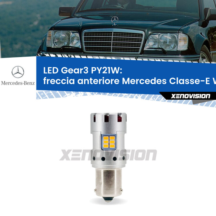 <strong>Freccia Anteriore LED no-spie per Mercedes Classe-E</strong> W124 faro bianco. Lampada <strong>PY21W</strong> modello Gear3 no Hyperflash, raffreddata a ventola.