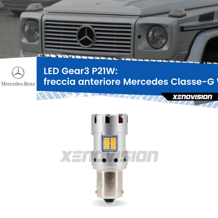 <strong>Freccia Anteriore LED no-spie per Mercedes Classe-G</strong> W463 faro giallo. Lampada <strong>P21W</strong> modello Gear3 no Hyperflash, raffreddata a ventola.