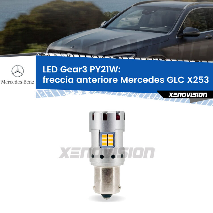 <strong>Freccia Anteriore LED no-spie per Mercedes GLC</strong> X253 con fari xenon. Lampada <strong>PY21W</strong> modello Gear3 no Hyperflash, raffreddata a ventola.