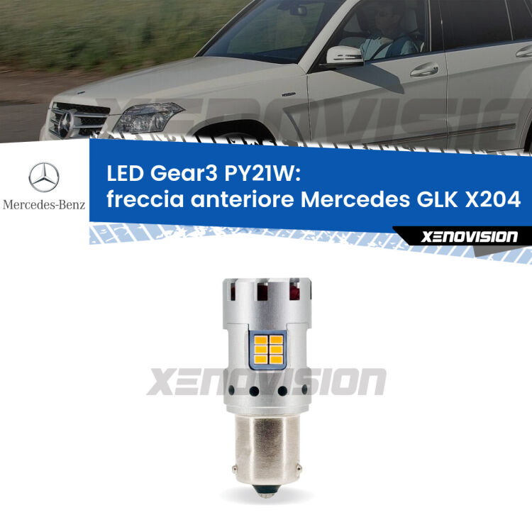 <strong>Freccia Anteriore LED no-spie per Mercedes GLK</strong> X204 prima serie. Lampada <strong>PY21W</strong> modello Gear3 no Hyperflash, raffreddata a ventola.