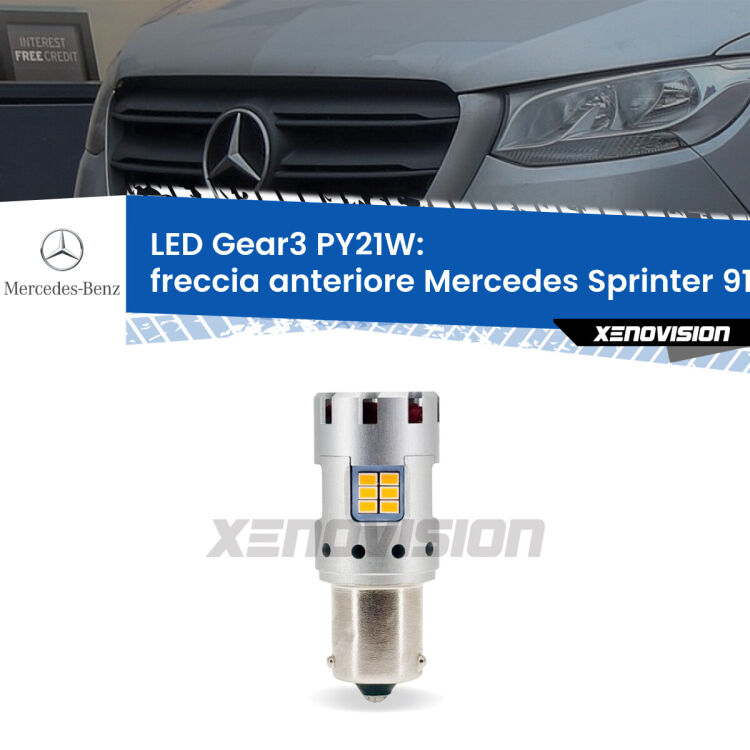 <strong>Freccia Anteriore LED no-spie per Mercedes Sprinter</strong> 910 2018 in poi. Lampada <strong>PY21W</strong> modello Gear3 no Hyperflash, raffreddata a ventola.