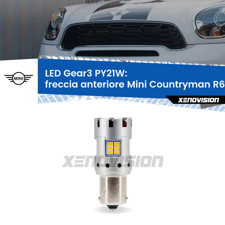 <strong>Freccia Anteriore LED no-spie per Mini Countryman</strong> R60 faro bianco. Lampada <strong>PY21W</strong> modello Gear3 no Hyperflash, raffreddata a ventola.