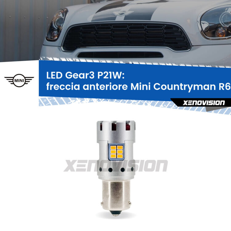 <strong>Freccia Anteriore LED no-spie per Mini Countryman</strong> R60 faro giallo. Lampada <strong>P21W</strong> modello Gear3 no Hyperflash, raffreddata a ventola.