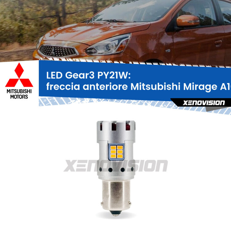 <strong>Freccia Anteriore LED no-spie per Mitsubishi Mirage</strong> A10 2013 in poi. Lampada <strong>PY21W</strong> modello Gear3 no Hyperflash, raffreddata a ventola.