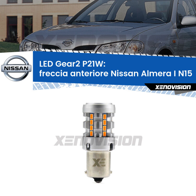 FINE SERIE: NO GARANZIA <strong>Freccia Anteriore LED no-spie per Nissan Almera I</strong> N15 1995 - 2000. Lampada <strong>P21W</strong> modello Gear2 no Hyperflash.