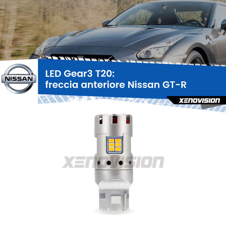 <strong>Freccia Anteriore LED no-spie per Nissan GT-R</strong>  2007 in poi. Lampada <strong>T20</strong> modello Gear3 no Hyperflash, raffreddata a ventola.