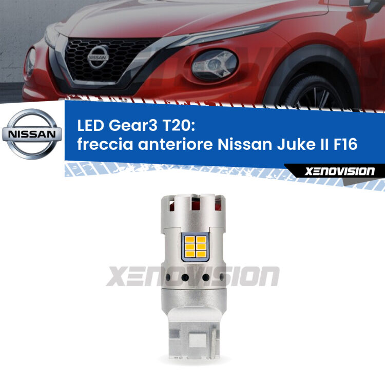 <strong>Freccia Anteriore LED no-spie per Nissan Juke II</strong> F16 2019 in poi. Lampada <strong>T20</strong> modello Gear3 no Hyperflash, raffreddata a ventola.