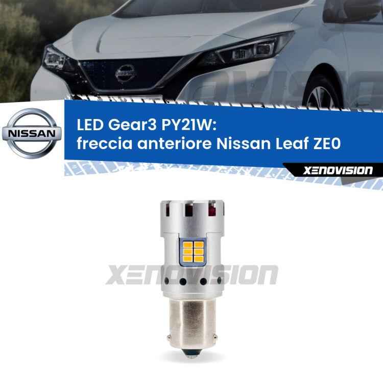 <strong>Freccia Anteriore LED no-spie per Nissan Leaf</strong> ZE0 restyling. Lampada <strong>PY21W</strong> modello Gear3 no Hyperflash, raffreddata a ventola.