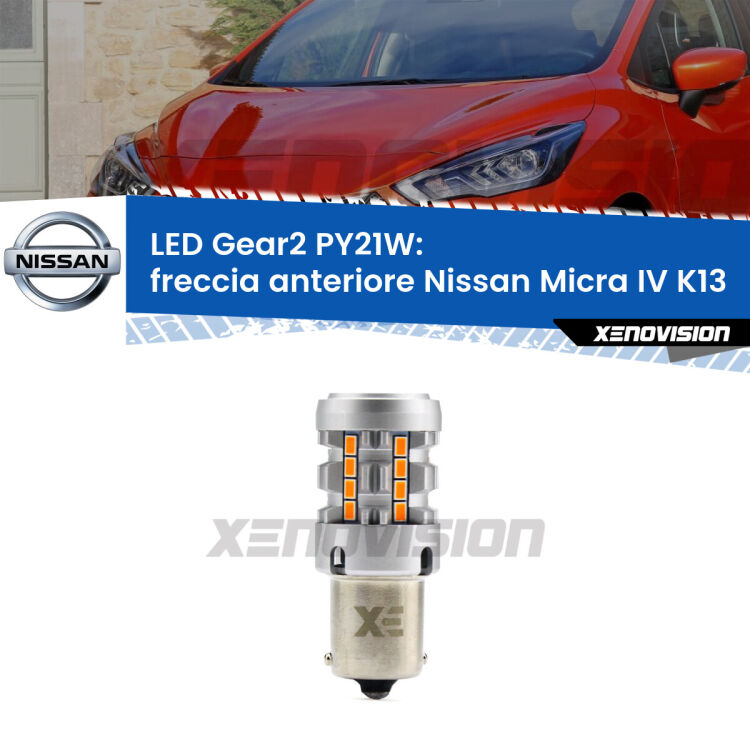 FINE SERIE: NO GARANZIA <strong>Freccia Anteriore LED no-spie per Nissan Micra IV</strong> K13 2010 - 2013. Lampada <strong>PY21W</strong> modello Gear2 no Hyperflash.