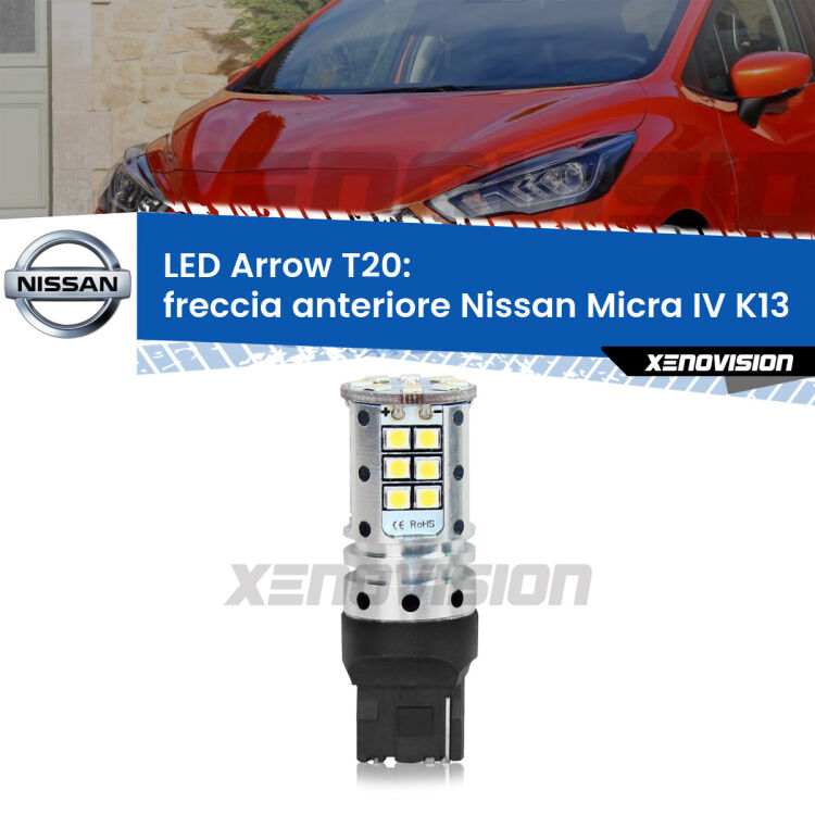 <strong>Freccia Anteriore LED no-spie per Nissan Micra IV</strong> K13 2013 - 2015. Lampada <strong>T20</strong> no Hyperflash modello Arrow.