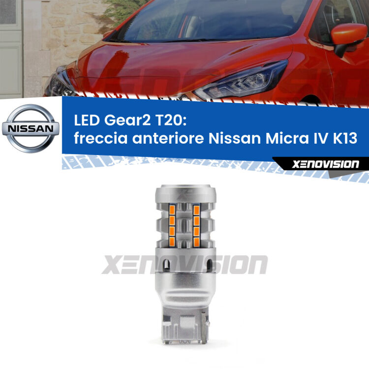 FINE SERIE: NO GARANZIA <strong>Freccia Anteriore LED no-spie per Nissan Micra IV</strong> K13 2013 - 2015. Lampada <strong>T20</strong> modello Gear2 no Hyperflash.