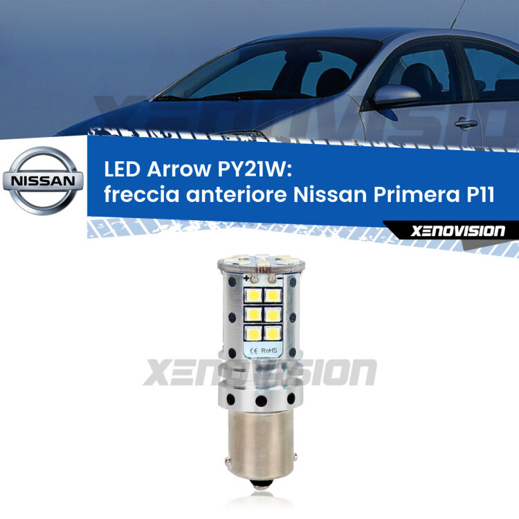 <strong>Freccia Anteriore LED no-spie per Nissan Primera</strong> P11 faro bianco. Lampada <strong>PY21W</strong> modello top di gamma Arrow.