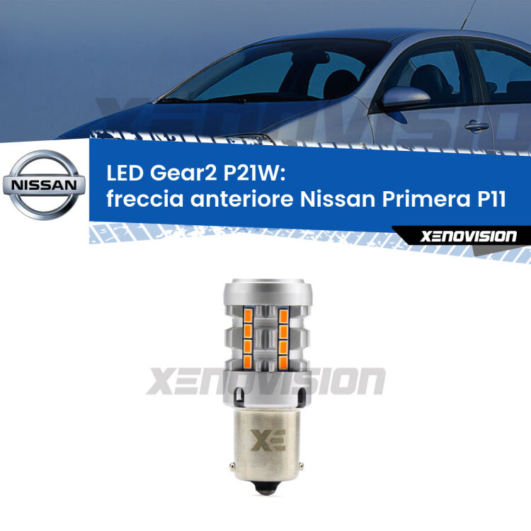 FINE SERIE: NO GARANZIA <strong>Freccia Anteriore LED no-spie per Nissan Primera</strong> P11 faro giallo. Lampada <strong>P21W</strong> modello Gear2 no Hyperflash.