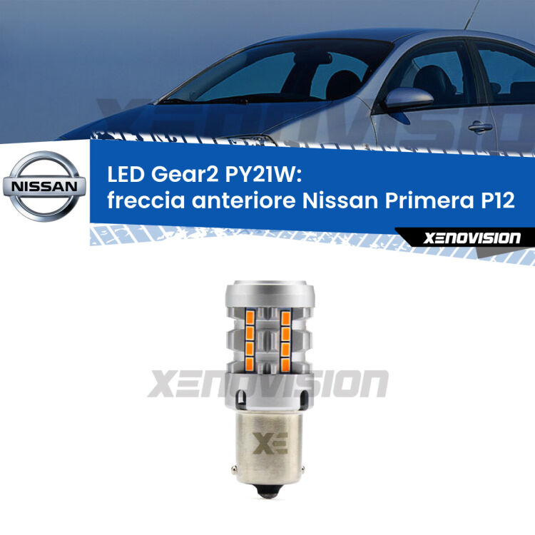 FINE SERIE: NO GARANZIA <strong>Freccia Anteriore LED no-spie per Nissan Primera</strong> P12 2002 - 2008. Lampada <strong>PY21W</strong> modello Gear2 no Hyperflash.