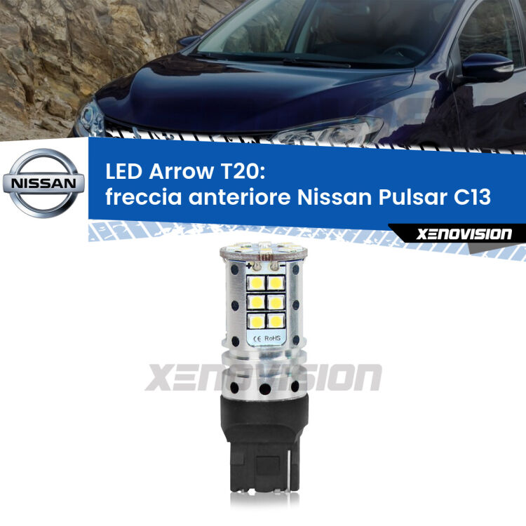 <strong>Freccia Anteriore LED no-spie per Nissan Pulsar</strong> C13 2014 - 2018. Lampada <strong>T20</strong> no Hyperflash modello Arrow.