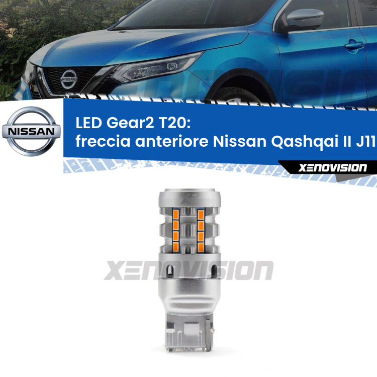 FINE SERIE: NO GARANZIA <strong>Freccia Anteriore LED no-spie per Nissan Qashqai II</strong> J11 prima serie. Lampada <strong>T20</strong> modello Gear2 no Hyperflash.